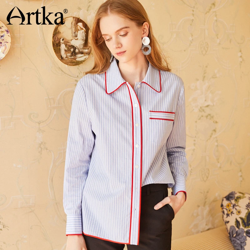 ARTKA Женская летняя полосатая блузка простая синяя Повседневная JS17050 | одежда