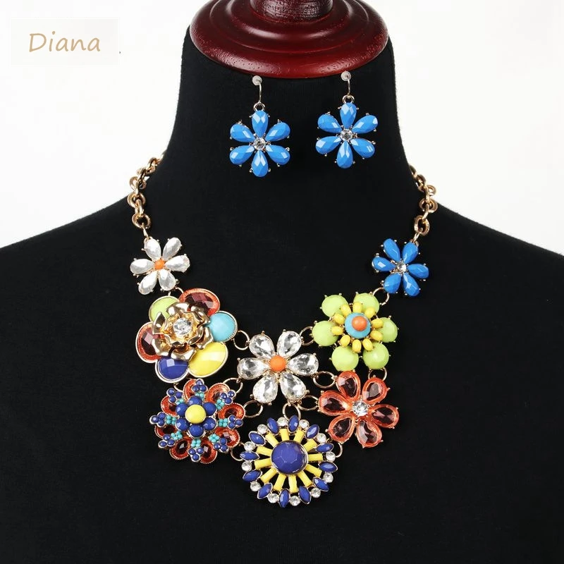 

European and American exaggerated jewelry necklace lacquer flower sweater chain fashion necklace earrings set