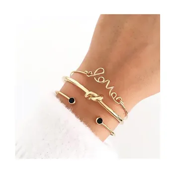 

KISSWIFE 3 Pcs/ Set Fashion Letter Love Knot Round Beads Adjustable Opening Gold Bracelet Set Women Charm Jewelry