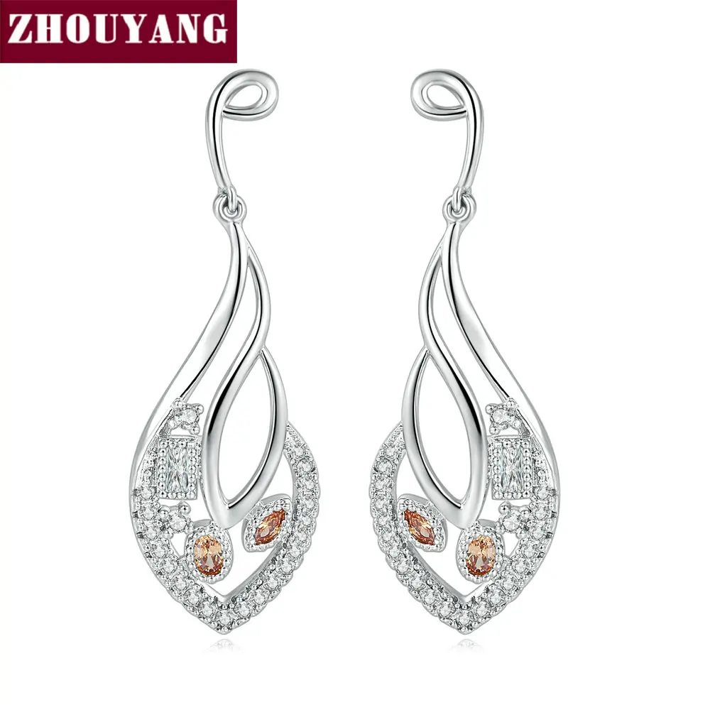 

ZHOUYANG Drop Earring For Women Vintage Princess Style Orange CZ Leaf Shape Silver Color Wedding Gift Fashion Jewelry E044