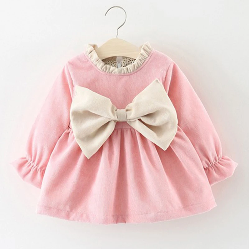 Милое хлопковое праздничное платье принцессы с бантом для новорожденных и маленьких девочек; зимние теплые милые платья с длинными рукавами - Цвет: Розовый