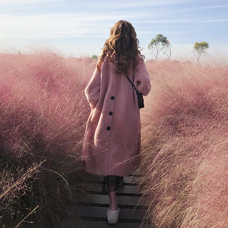 Hepburn Mink Fur Coat Pink Furry Jacket Long Fur Coat Mink Fur Plush Coat X-Long Single Breasted Pink Fur Jacket Streetwear