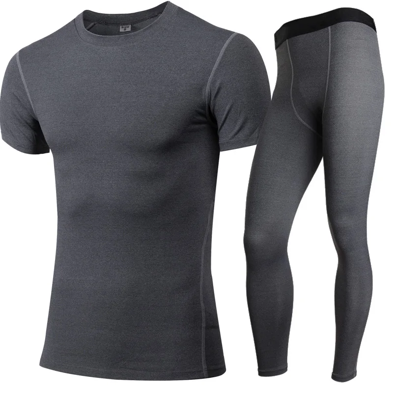 Комплект мужской одежды для бега компрессионная рубашка брюки трико костюм спортивные костюмы фитнес-Спортзал Бодибилдинг футболка леггинсы черный спортивный костюм - Цвет: Серый