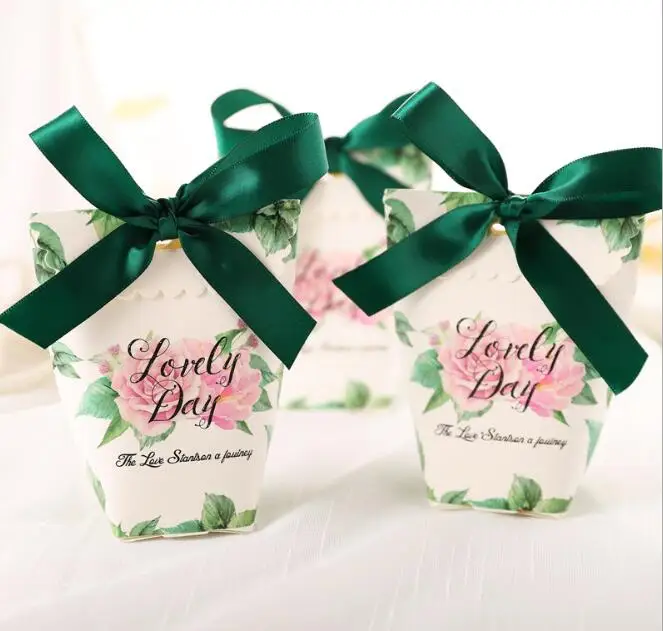 50 шт Роза сумка с изображением листочка зеленая лента sweet love на день рождения
