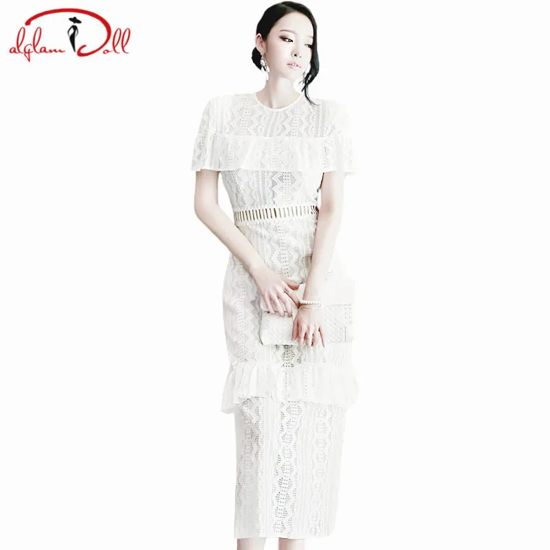 OL Ruffles Patchwork Ladies White Evening Maxi Long Dress Hollow Out O-Neck Lace Vestidos A-Line Sexy Party Cloth 2017