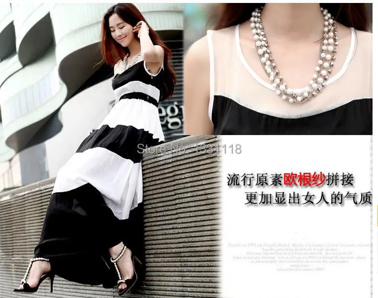 2014 NEW Contrast Color Chiffon Organza Sleeveless Vest Dress Black&ampwhite stripes/Purple&ampwhite stripes/Red&ampwhite stripes | Женская