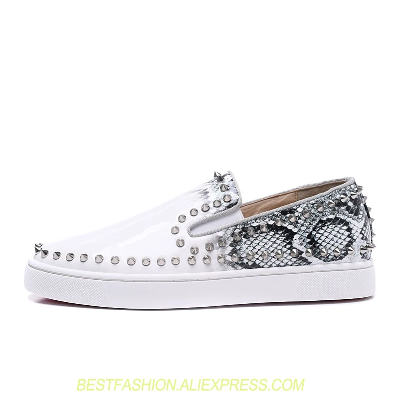 

Patent Sneakskin Leather Casual Shoes Mens Canvas Flat Platforms Loafers Low Top Fashion Slip-on Shoes Studded Spikes Men Shoe