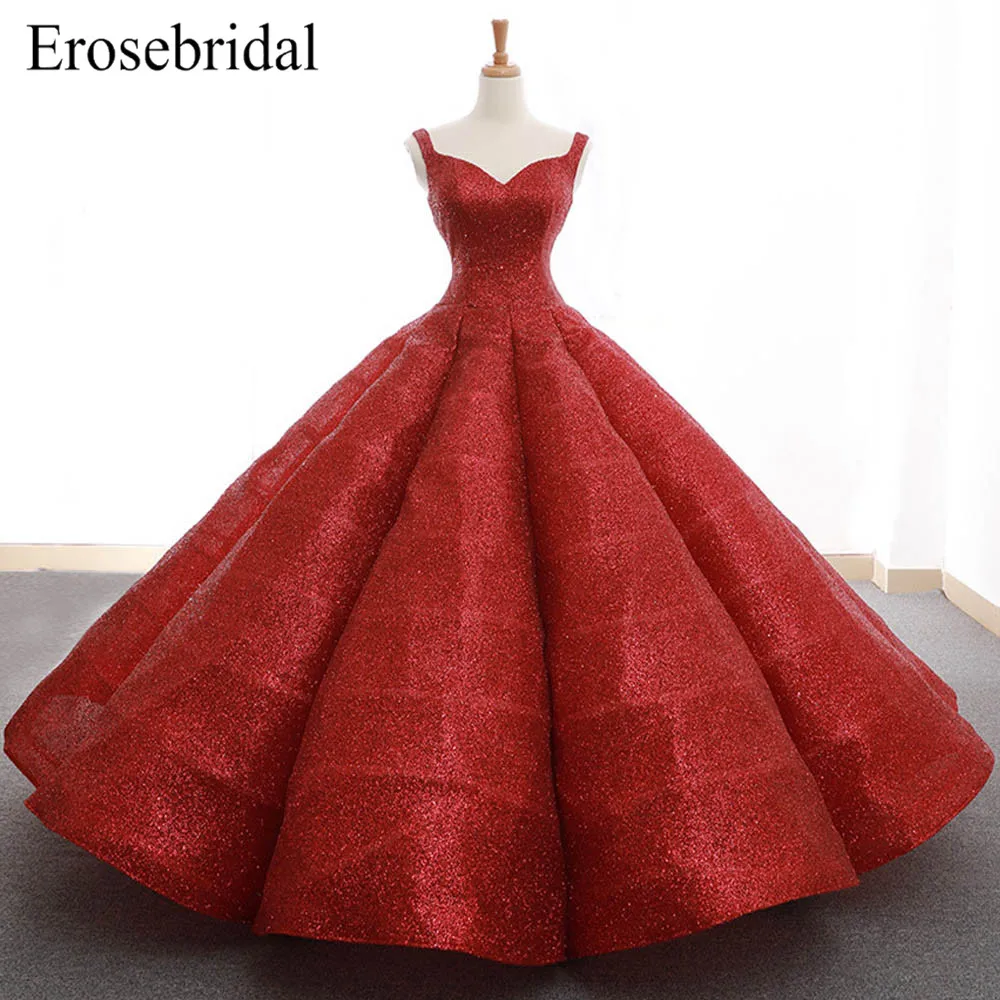 

Red Ball Gown Evening Dress Long 2019 Sequined Evening Wear V Neck Elegant Lace Up Back robe de soiree Real Image