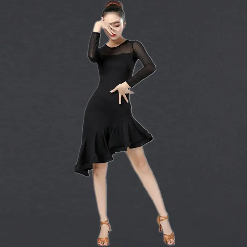 Платье для латинских танцев для взрослых костюм для самбы и латинских танцев бальный костюм Танго танцевальное платье es Salsa танцевальная одежда для женщин - Цвет: black long sleeve