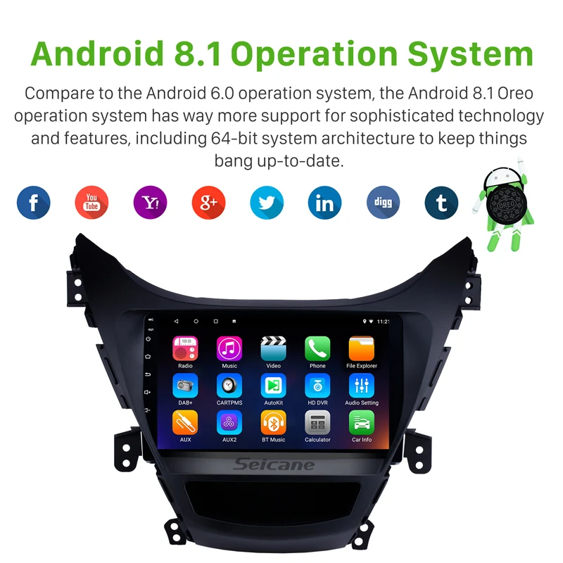 Top Seicane 2Din 9 Inch Android 8.1 Car Radio Head Unit For 2011 2012 2013 Hyundai Elantra GPS Multimedia Player Support Wifi RDS 1