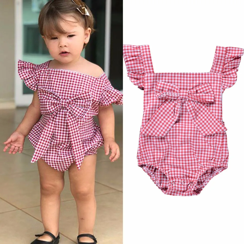 Puseky 0 24M Infant Newborn Baby Girl Plaid Bowknot Frilled Sleeve