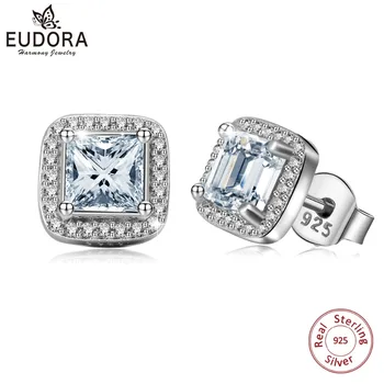 

EUDORA 925 Sterling Silver Earring Clear Square Cubic Zirconia Stud Earrings for Women Man Silver Fine Jewelry Party Gift CYE73