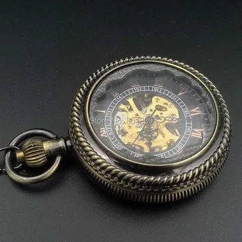 

Luxury Bronze Tone Wind Up Mechanical Black Dial Pocket Watch W/ Chain Nice Xmas Gift Wholesale Price H110