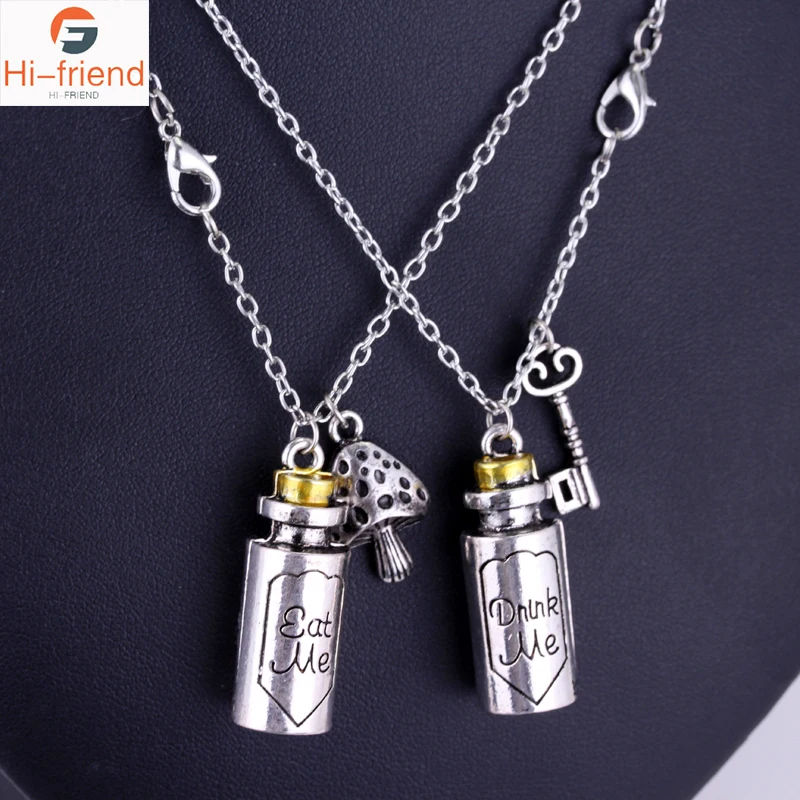 

Alice in Wonderland Necklace Fashion Pendant Necklaces Eat Me Drank Me Christmas Gift Bottle Key Mushroom