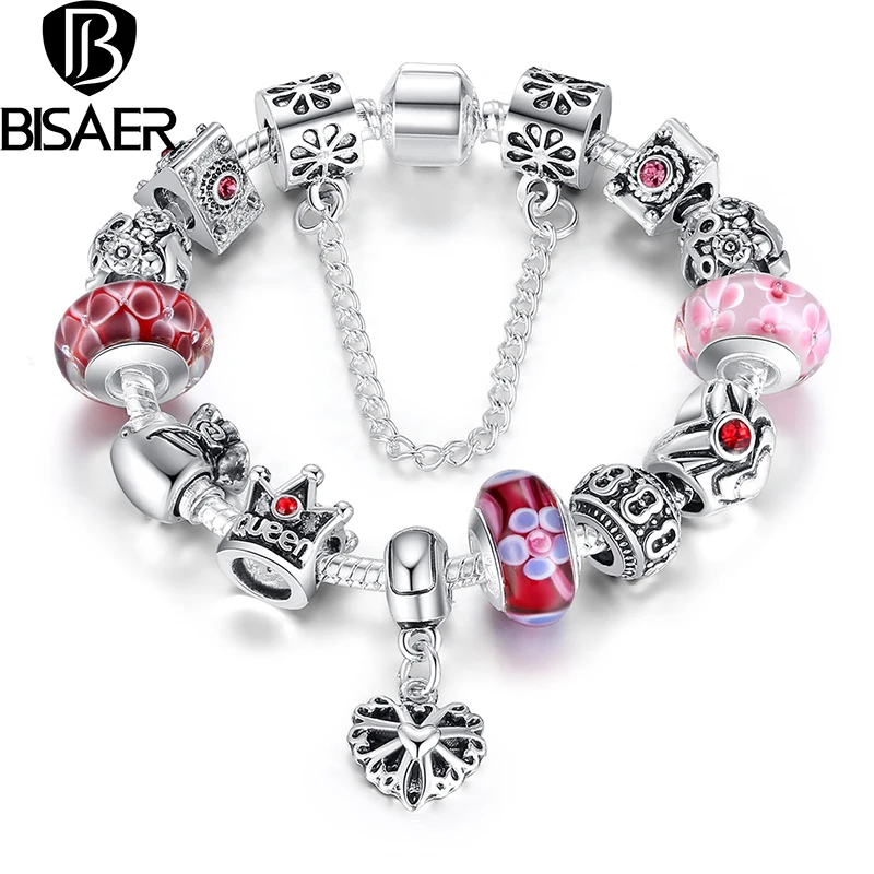 

Hotsale Silver Plated Heart Colorful Charm Bracelet with Safety Chain for Women Original Jewelry Fashion Bracelets HJ1823