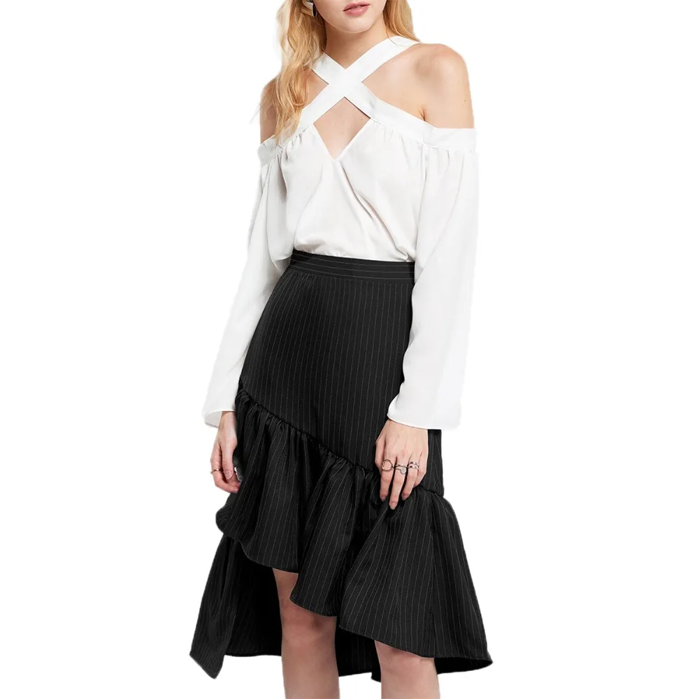 Black White Stripe Long Pleated Skirt Women 2018 Summer Ruffle Midi