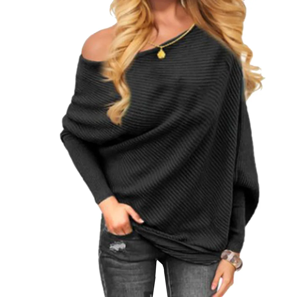 Off Shoulder Sweater Woman Sexy Knitted Tops Batwing Sleeve Pullover Sweaters Fashion 2019 Women Clothes Black White Casual Tops