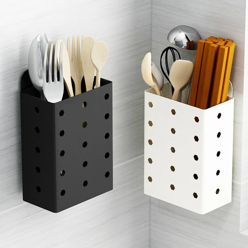 Black hanging stainless steel chopstick cages spoon white holder forks rack shelves reinforced kitchen storage cutlery organizer
