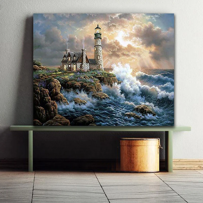 

DIY colorings pictures by numbers with colors Seaside lighthouse night view picture drawing painting by numbers framed Home
