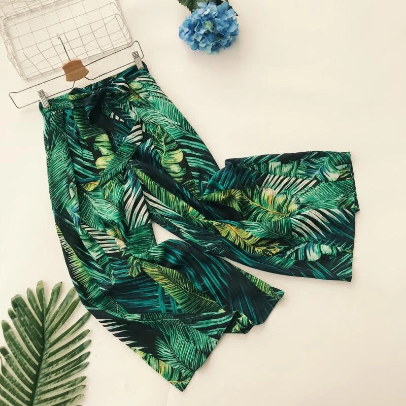 

Women Fashion Print Bohemian Style Seaside Pants Female Summer Wide-legged Leisure Beach Trousers High Waist Nine Pant