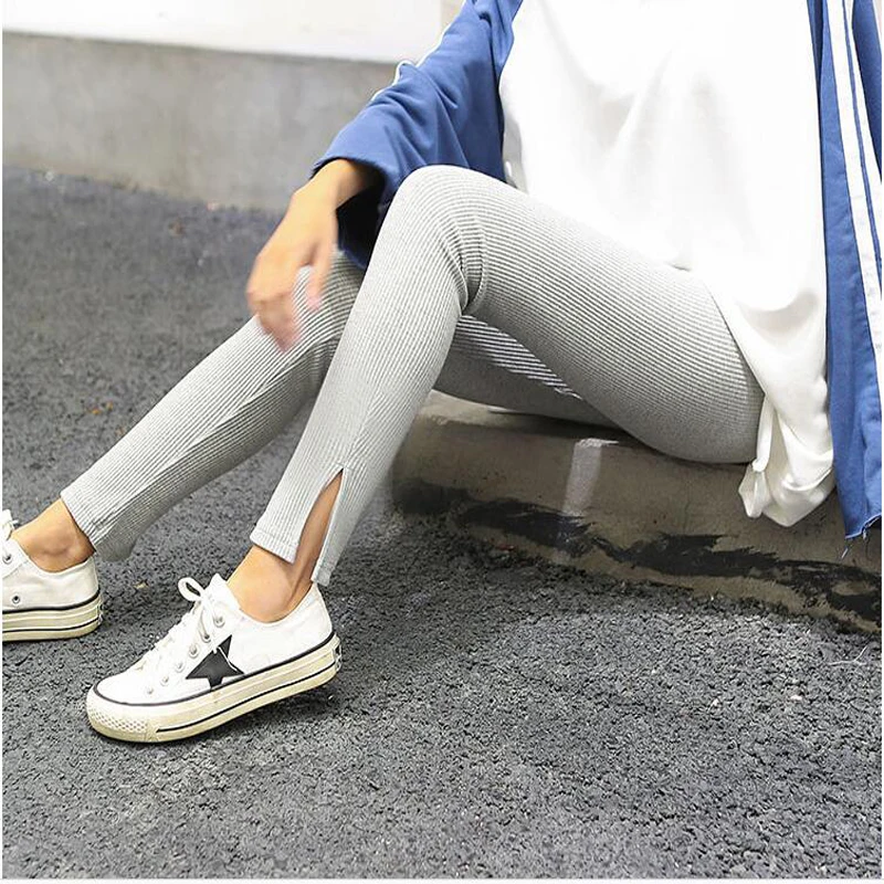 Shikoroleva Leggings Women Girls Vertical Strip Rib Elastic Stretch Cotton Jeggings Solid Color Black Navy Red Ladies Bottoms | Женская