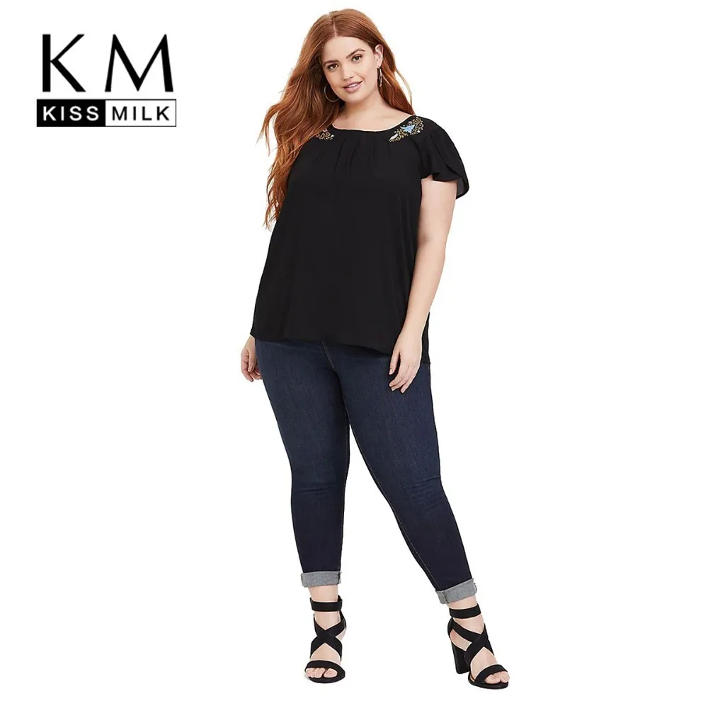 

Kissmilk Plus Size Women Dresses Simple Casual Round Neck Pleated Lace Shoulder Asymmetric Pattern Embroidery Shirt