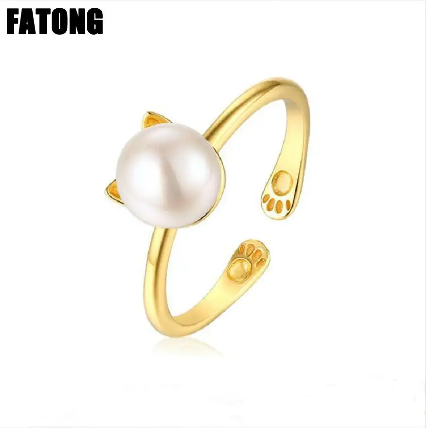 

925 sterling silver natural freshwater pearl kitten open ring female. J0385