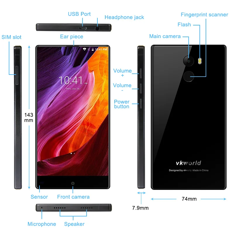 Vkworld Mix 5," полный экран Dual SIM 2 Гб ram 16 Гб Android7.0 смартфон MTK6737 четырехъядерный 8MP+ 5MP отпечаток пальца 4G LTE мобильный телефон