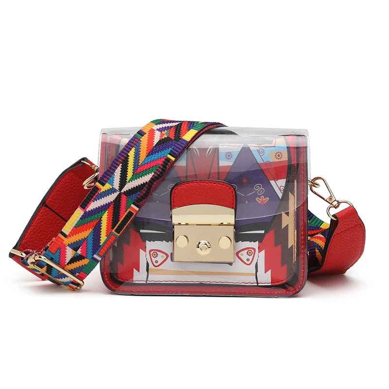 

Fashion transparent bag handbag female 2019 new arrival hot selling mini shoulder bag colorful wide strap messenger bag handbag