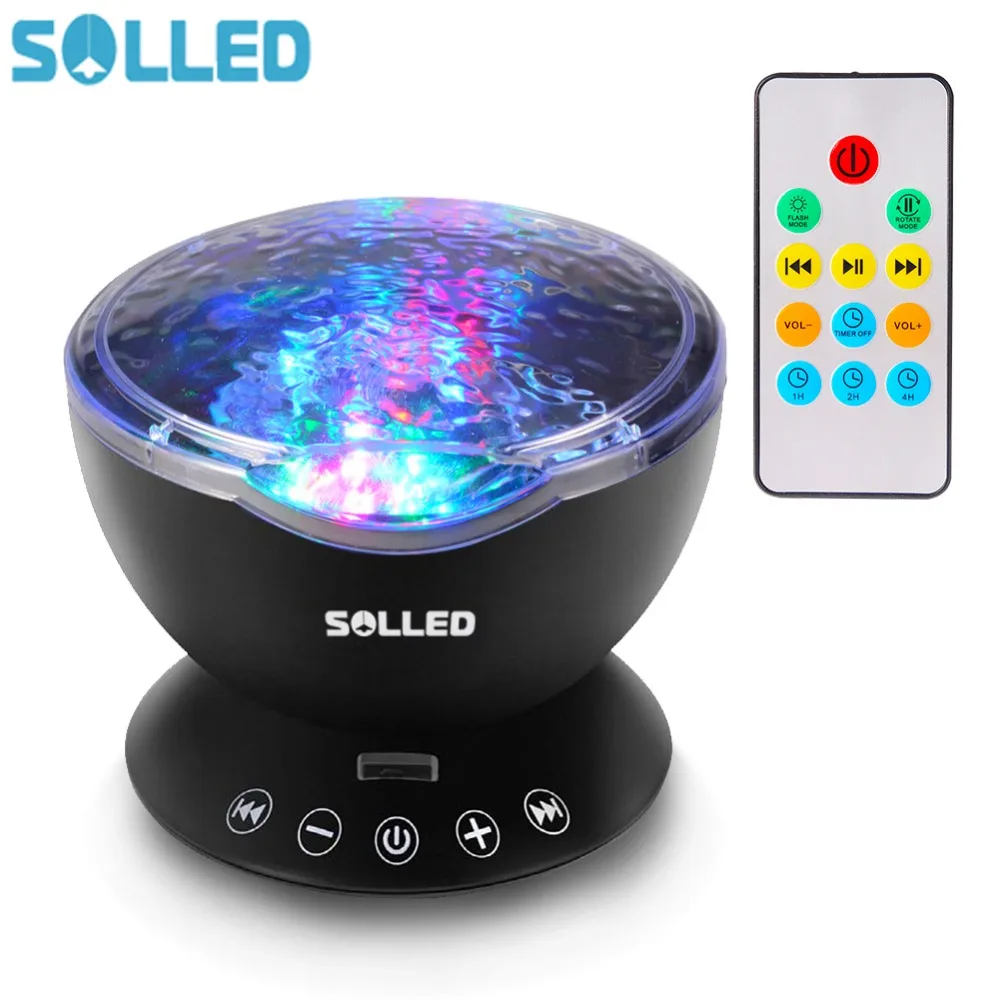 SOLLED 12 LED 7 Colors Night Light Remote Control Ocean Wave Projector
