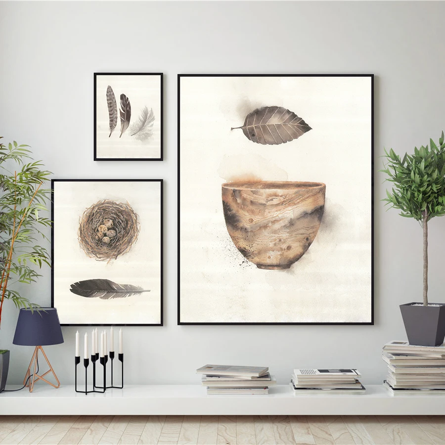 Modern Style Wall Art Picture Nordic Poster Gray Watercolor Stone Feather Bird'S Nest Print HD Painting Home Decor On Canvas | Дом и сад