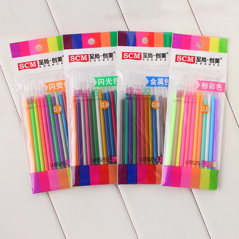 

0.8mm 12pcs/lot(bag) DIY Colored Refillable Refills Gel Pes Refill Metal Flash Refill For Kids Graffiti Painting School Supplies