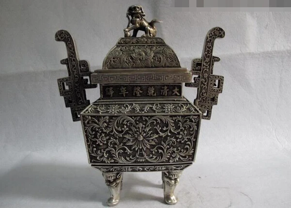 

150701 S2304 11 Chinese folk white bronze silver foo dog lion quadripod censer incense burner