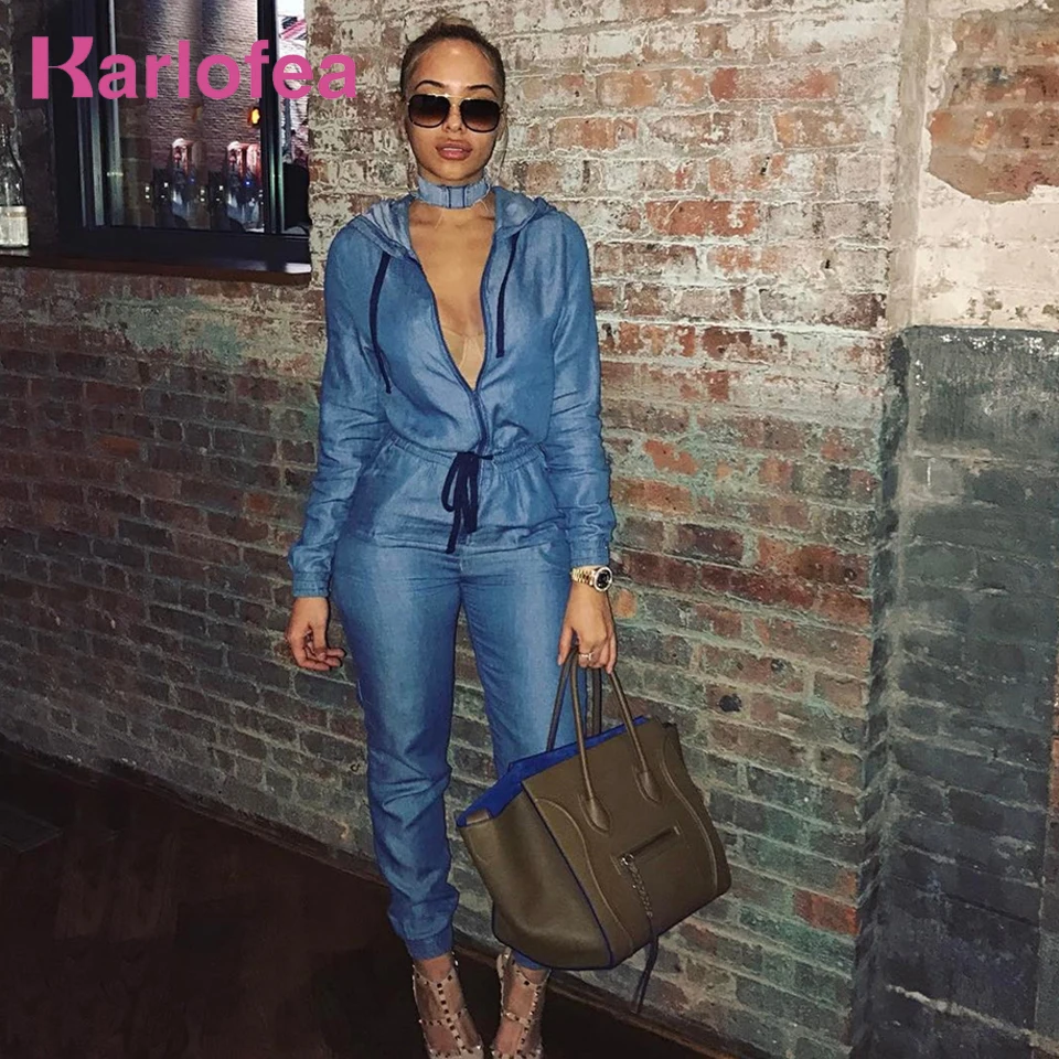 

Karlofea Autumn Winter Long Sleeve Denim Jumpsuit Blue Jeans Streetwear Fashion Rompers With Hooded Waist Drawstring Jumpsuits