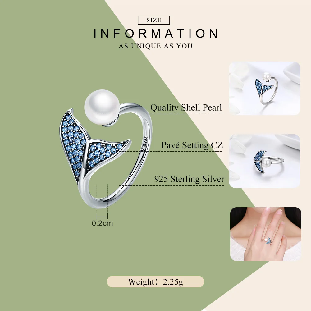 BAMOER Authentic 925 Sterling Silver Adjustable Dolphin Tail Blue CZ Finger Rings for Women Sterling Silver Jewelry Gift SCR286