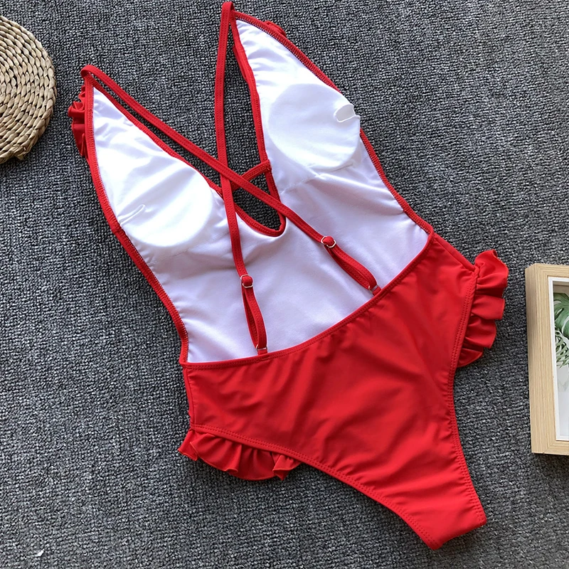Peachtan женский купальник с оборками, бикини с высокой посадкой, пуш-ап, сексуальный боди, красный цельный костюм, купальник с глубоким v-образным вырезом, слитный летний купальник