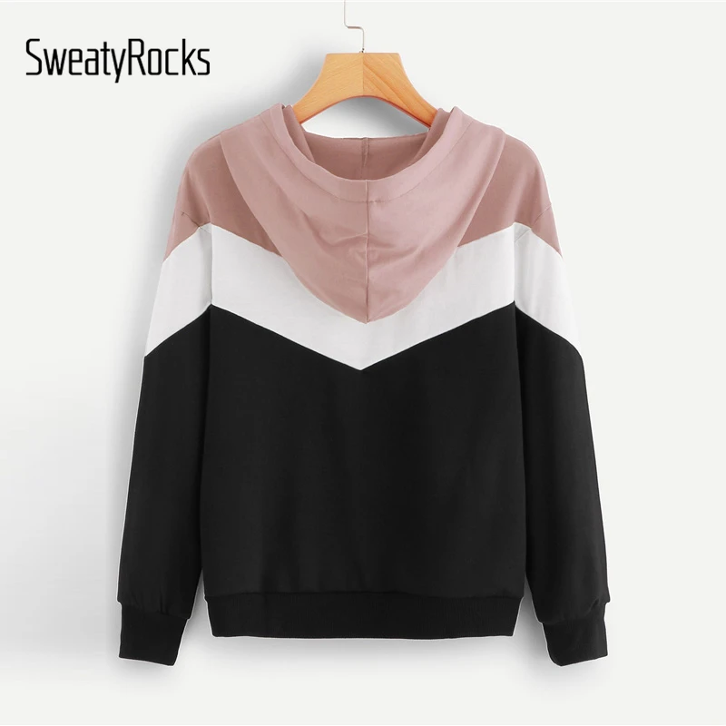 SweatyRocks عارضة Colorblock الرباط هوديي البلوز كم طويل البلوز القمم 2018 الخريف ملابس رياضية نسائية بلوزات