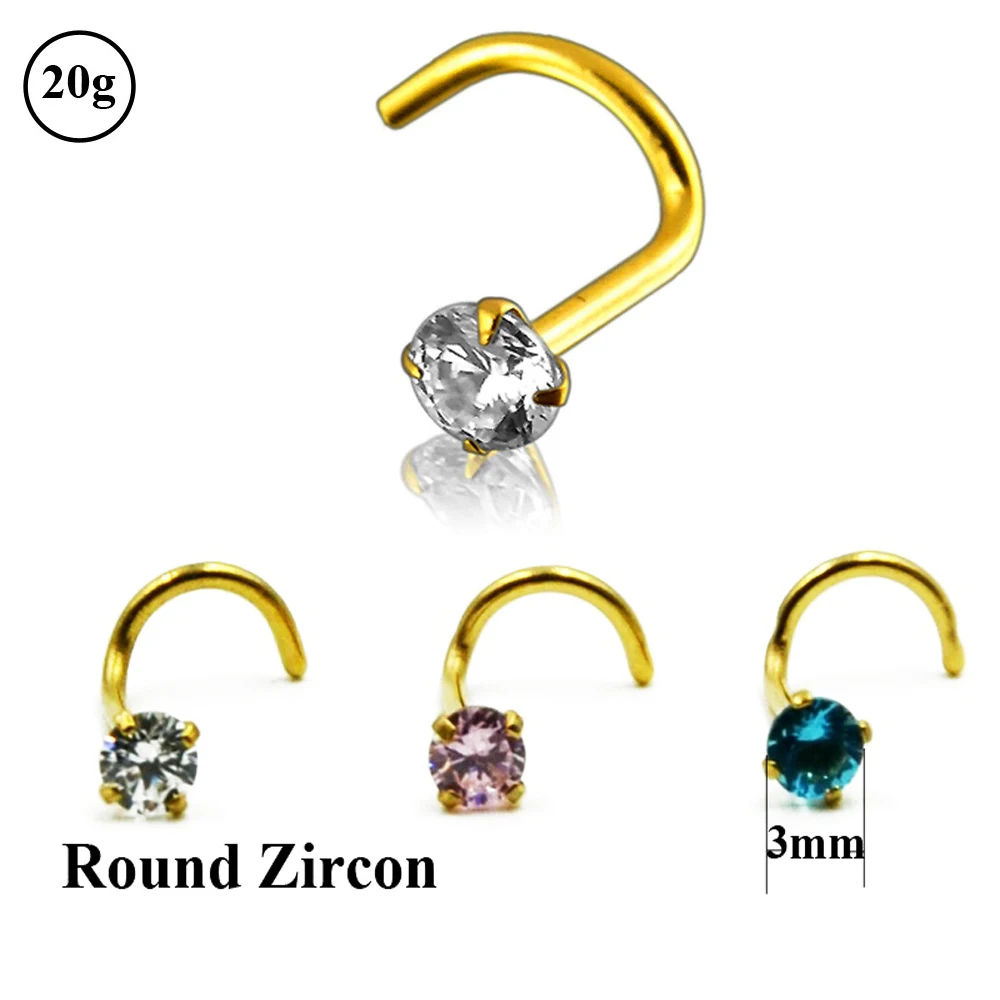 10pcs Gold Prong Setting Zircon Nose Screw Rings Piercing Nose Stud