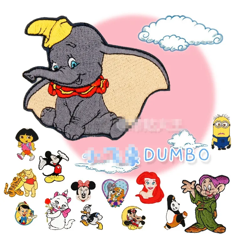 

15pcs/lot dora dumbo Pinocchio minions Micky princess Kung Fu Pand iron on sew on patches for clothing girls patch husky kids