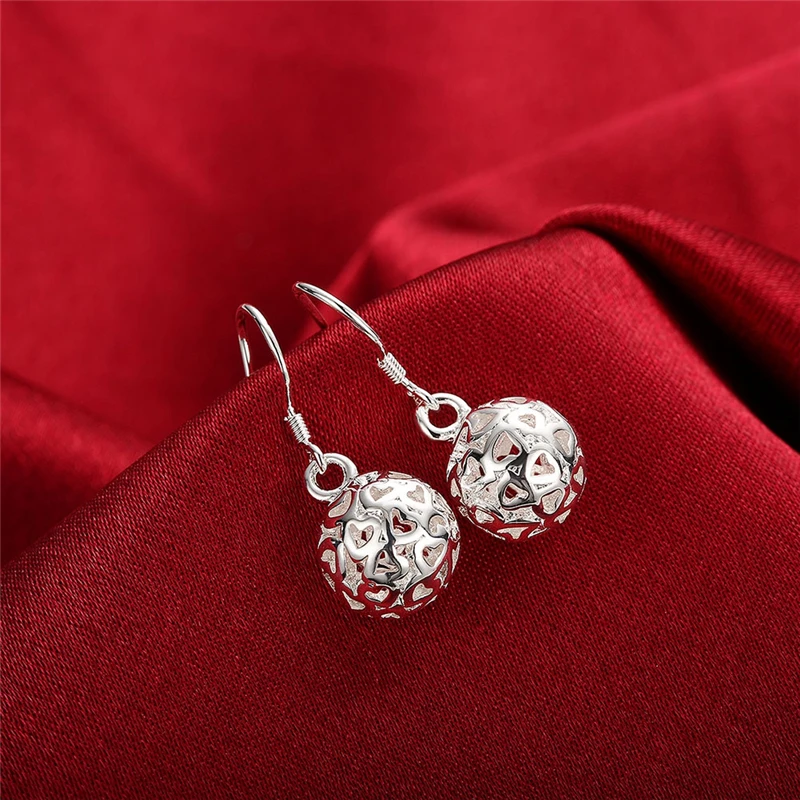 DOTEFFIL 925 Sterling Silver Hollow Ball Heart Drop Earrings For Woman Wedding Engagement Party Fashion Charm Jewelry