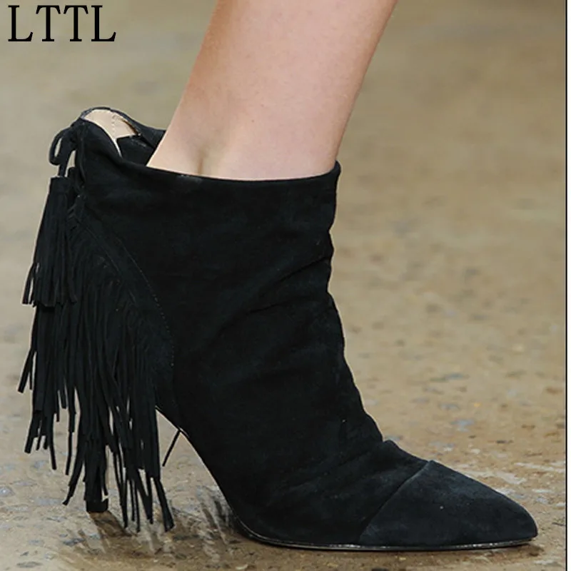 Hot Selling Autumn Winter New Women Back Tassel High Heel Boots Sexy Comfortable Suede Pointed Toe Ankle Boots