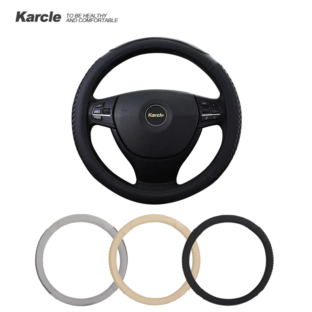 Karcle 38CM Genuine Leather Steering Wheel Cover 15" 3D Weave Pattern