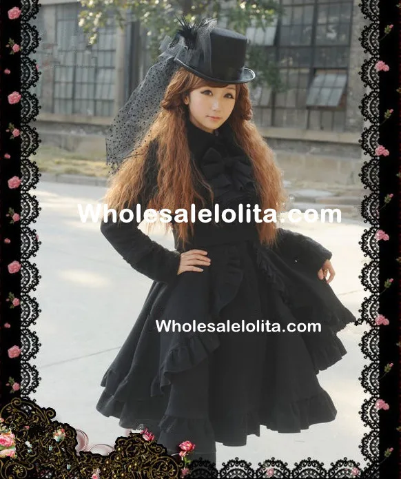 Британский стиль с длинными рукавами Черный шерстяной классический Лолита пальто