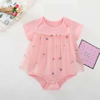 

Summer lovely Pink Girl Baby Embroidery Yarn skirt Short Sleeved Conjoined Newborn Cute Bodysuit Set Girl Kız Bebek Yaz Giyim