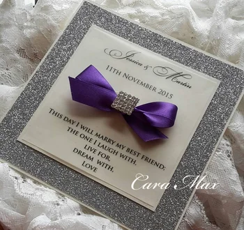 

Silver Glitter Wedding Invitation Cards with Lovely Purple Bow