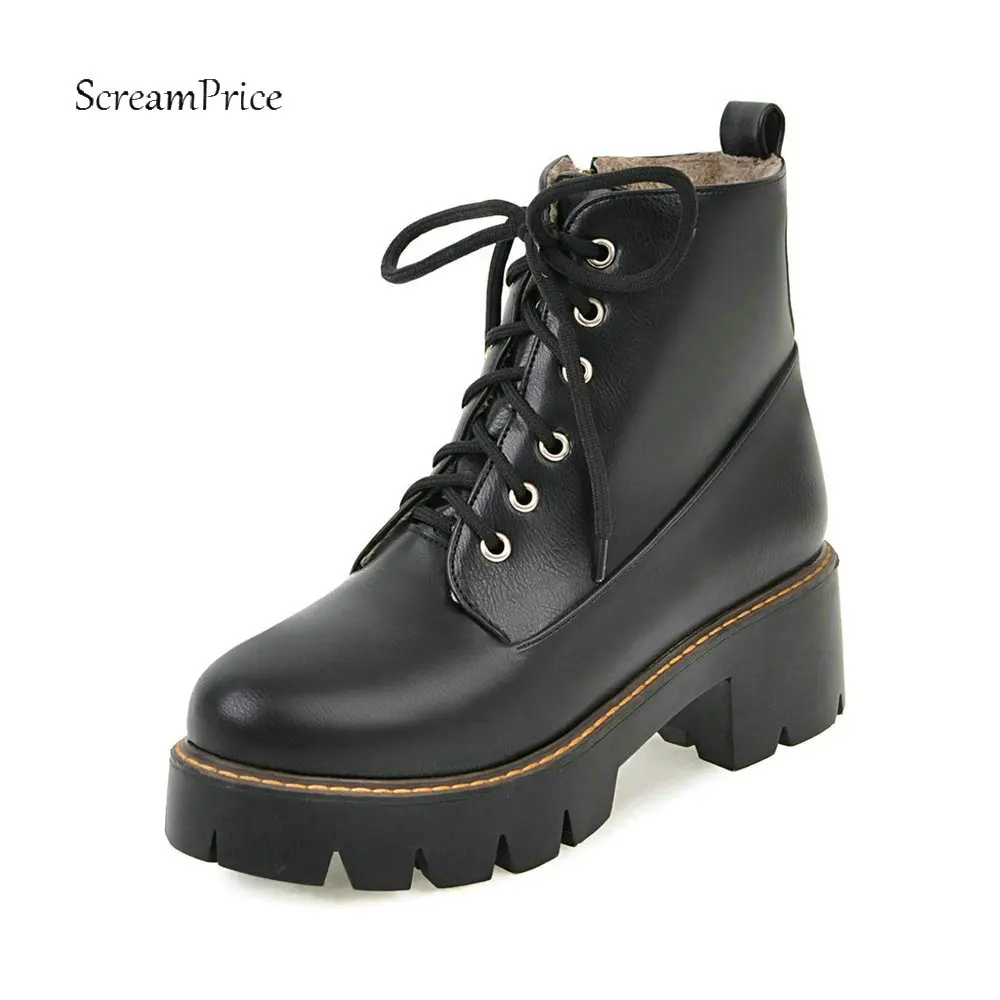 

Plus Size Women Boots Pu Leather Thick Heel Ankle Boots Fashion Platform Zipper Spring Winter Ladies Shoes Black Brown Wine Red