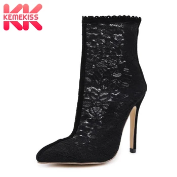 

KemeKiss Sexy Women High Heel Boots Lace Summer Shoes Ruffle Breathable Thin Heel Boots Fashion Party Wedding Shoes Size 35-40