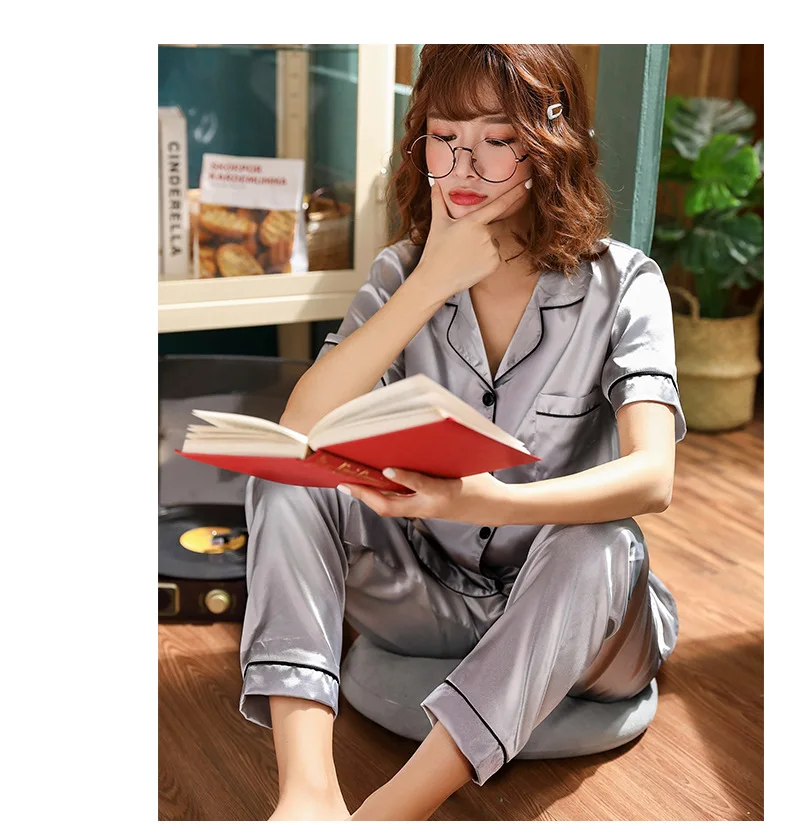 Плюс Размеры 5XL летние шелковые Для женщин короткий рукав пижамные комплекты со штанами Шелковая пижама ночная рубашка атласная пижама 85 кг одежда для сна