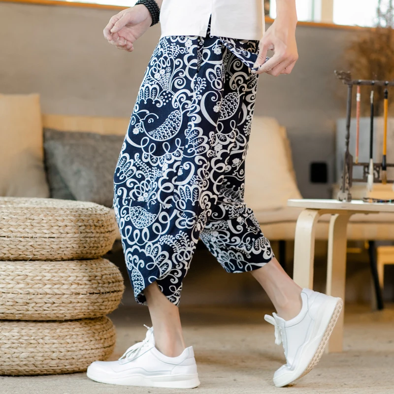 Летние повседневные штаны в китайском этническом стиле с цветочным принтом, большие размеры, свободные мужские модные штаны, 11 цветов, M-5XL