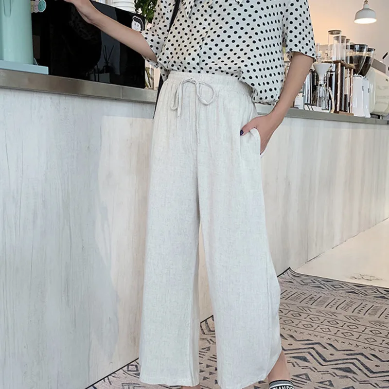 

[EWQ] Summer New Pattern Elastic Hight Waist Solid Patchwork Cotton Linen Pockets Women Three Colors Fashion Tide AG10412